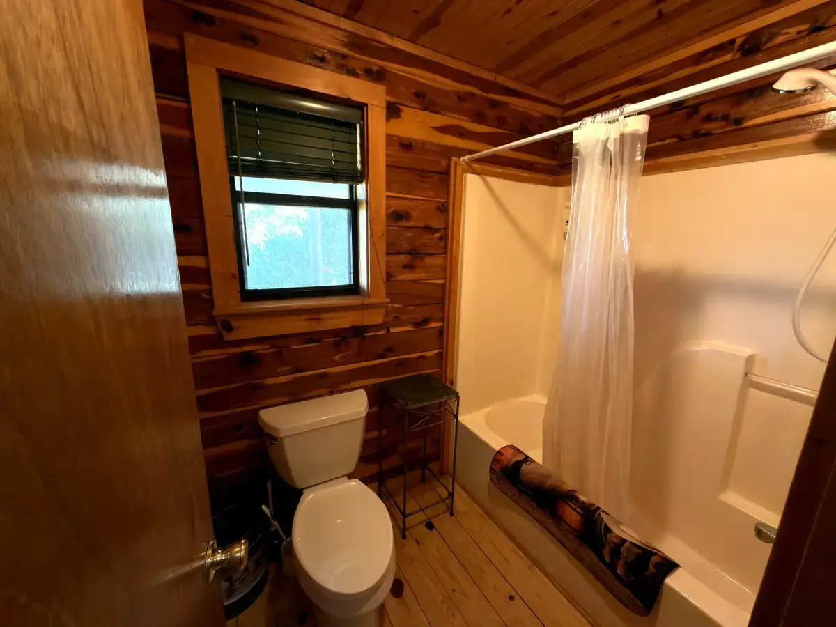 Downstairs bathroom with tub and shower in the Cabela Cabin