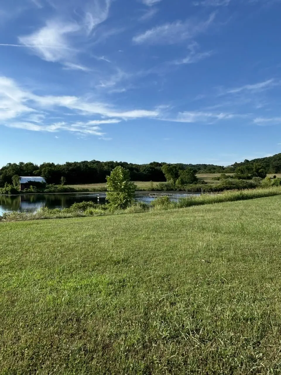 Scenic lake and pasture view at The Sanctuary Ranch in the Arkansas Ozarks on a clear summer day