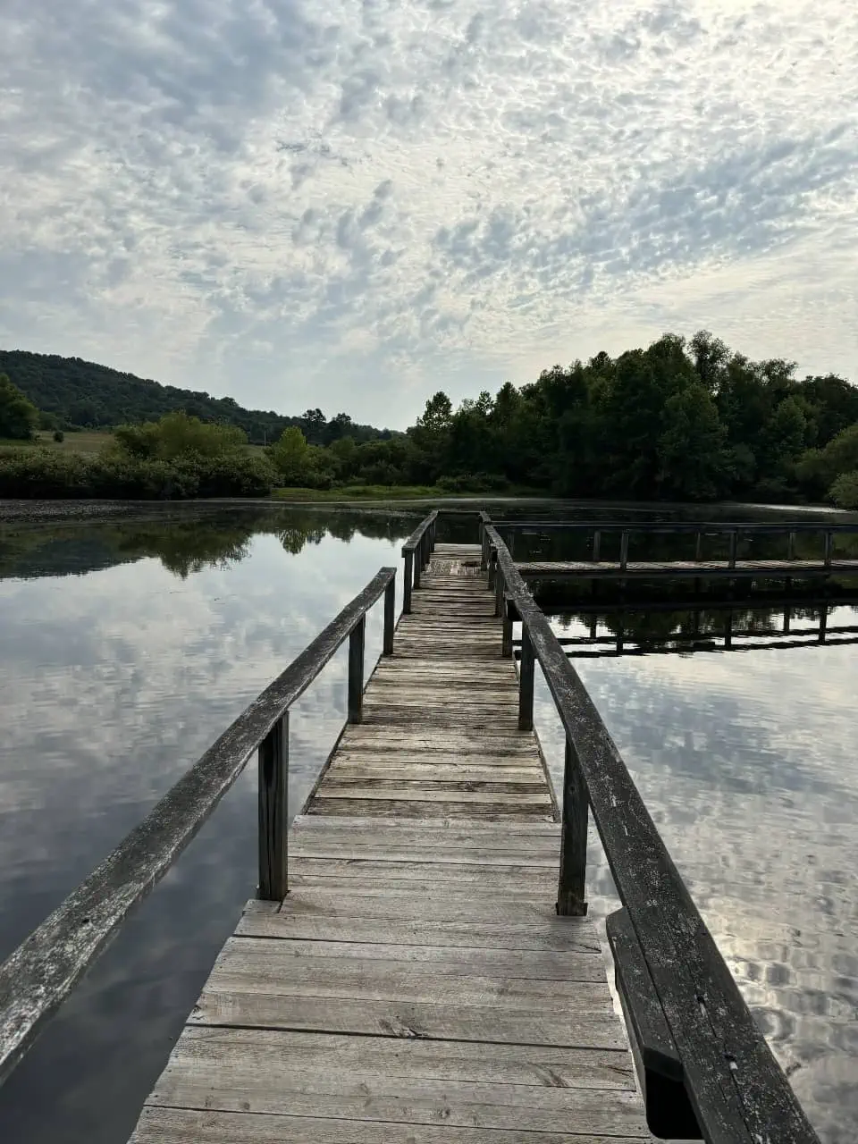 Fishing dock at The Sanctuary Ranch with reflections of the sky and surrounding forest on the water